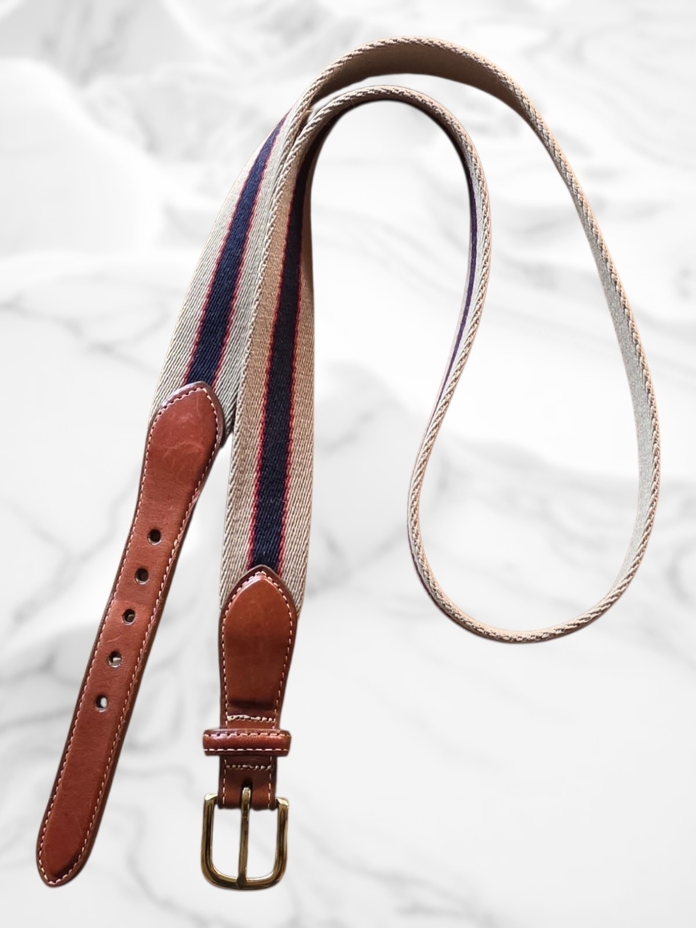 Vintage Lands' End Striped Woven Surcingle Belt with Leather& Brass Made in USA